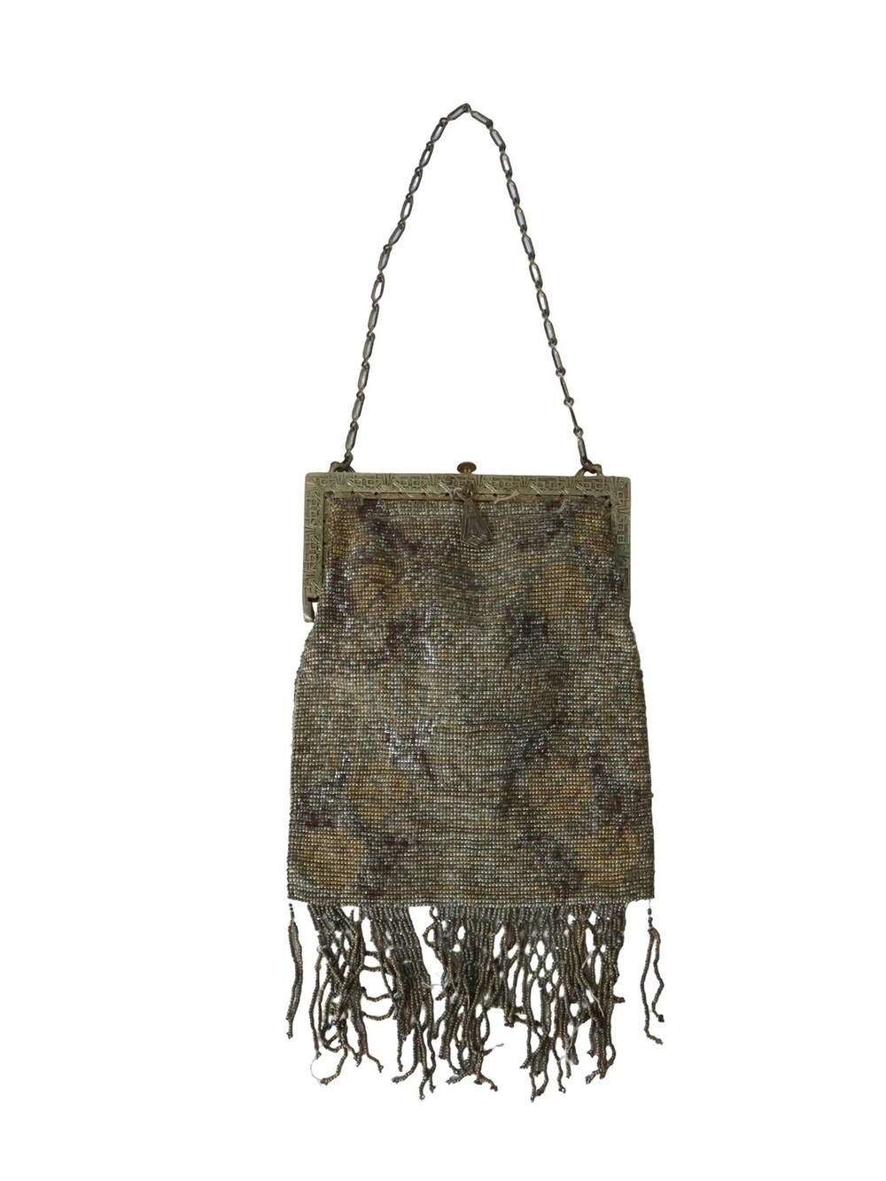 Antique Art Nouveau French Steel Micro Bead Purse Bag Beaded Fringe 1910s